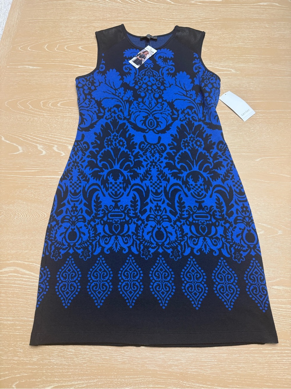 Karen Kane Blue and Black Sleeveless Patterned Sheath Dress